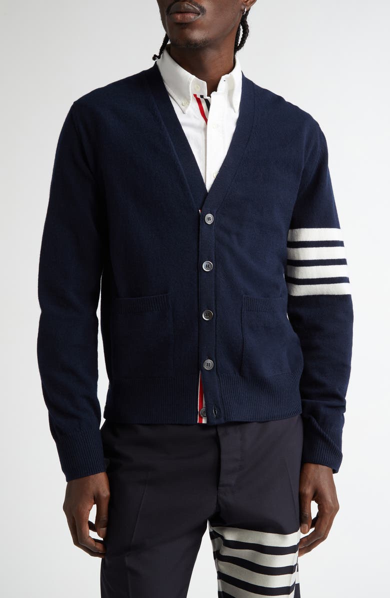 Thom Browne Holiday Hector Nutcracker 4-Bar Virgin Wool Cardigan, Main, color, Navy