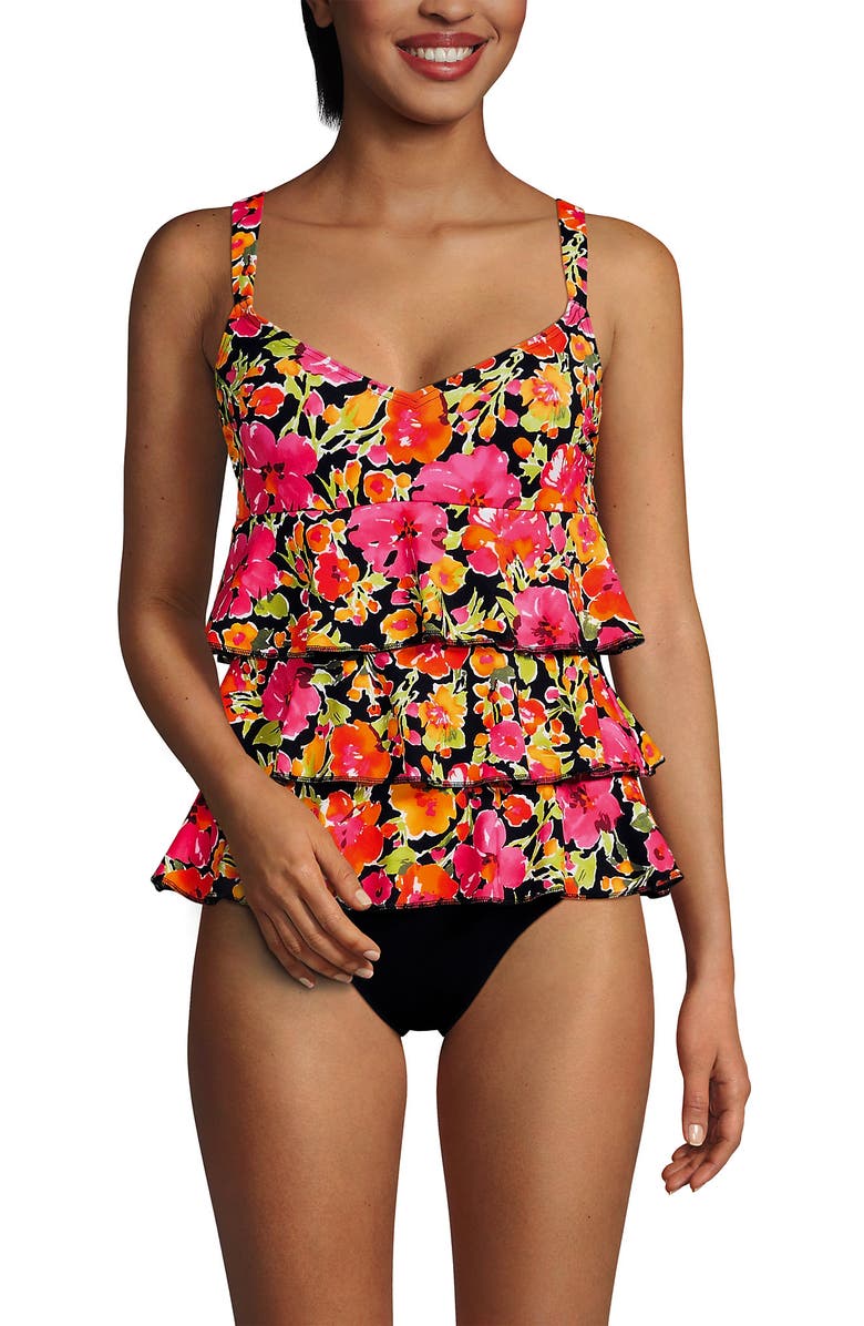 Lands' End Smoothing Control Ruffle Fauxkini One Piece Swimsuit, Main, color, Painted Blooms/Black