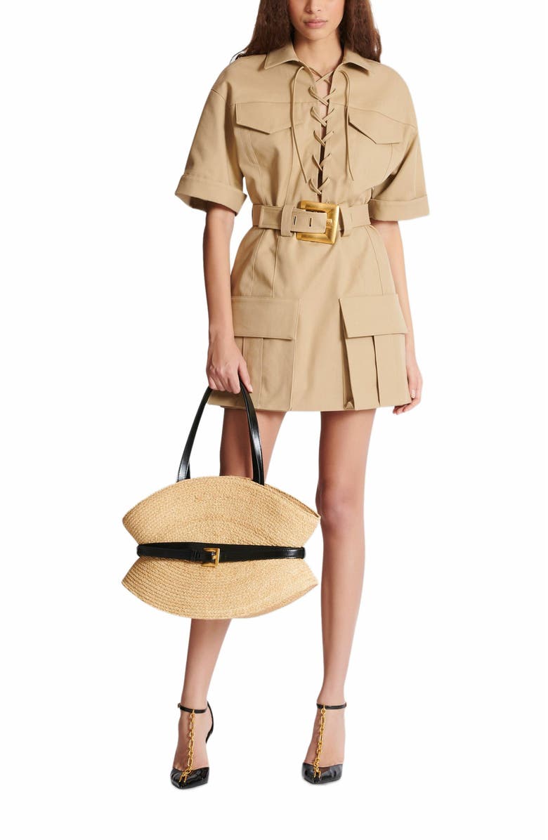 Balmain Short Cotton Gabardine Lace-Up Dress, Alternate, color, Beige