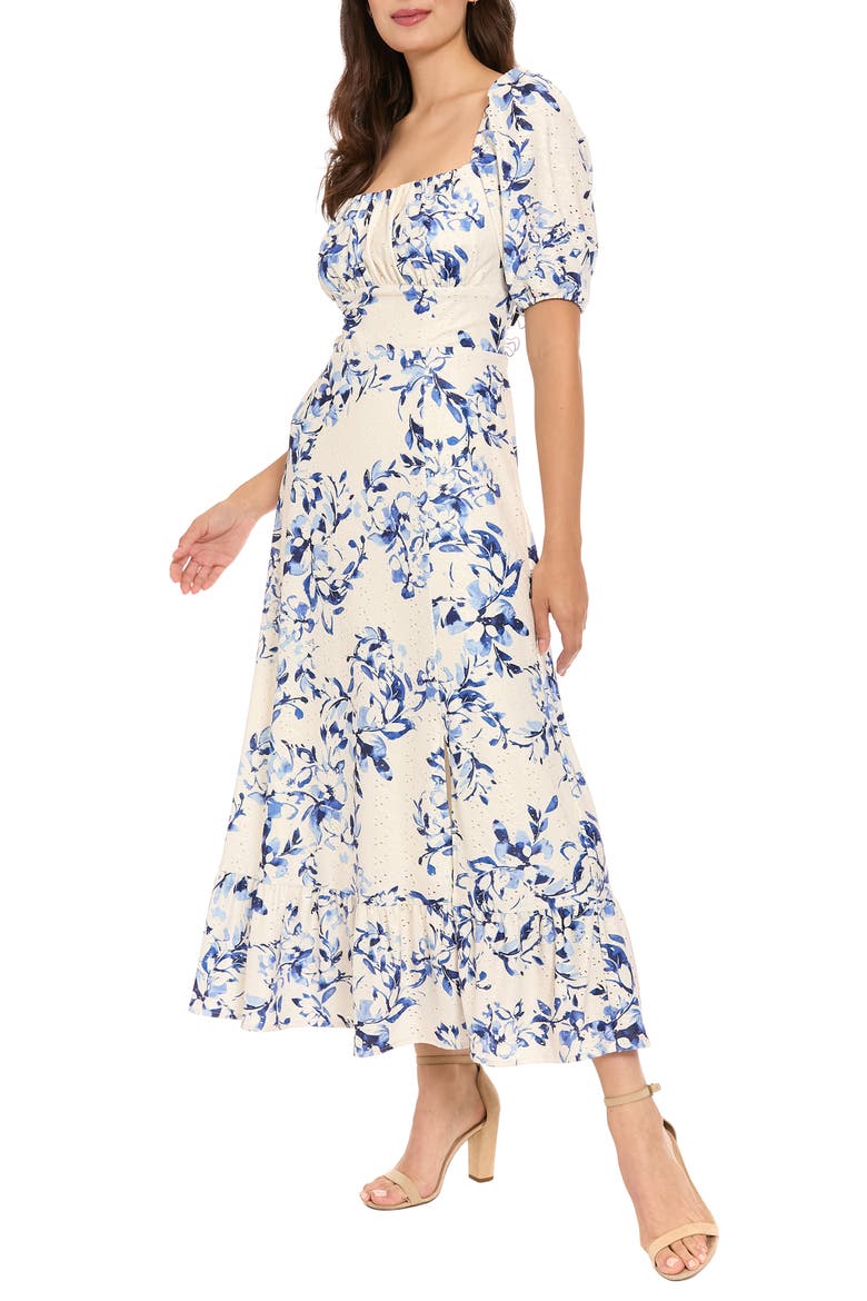 Floral Puff Sleeve Empire Waist Midi Dress, Alternate, color, IVORY / DEEP BLUE