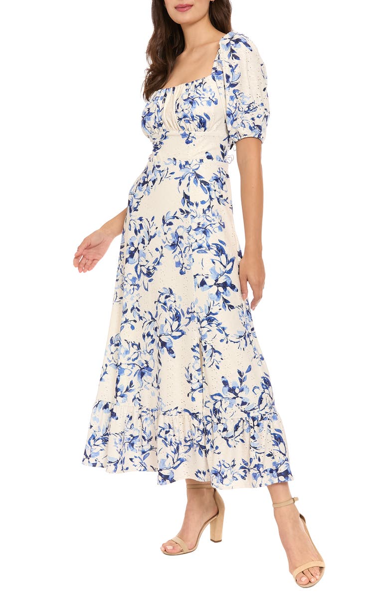 London Times Floral Puff Sleeve Empire Waist Midi Dress, Alternate, color, Ivory / Deep Blue