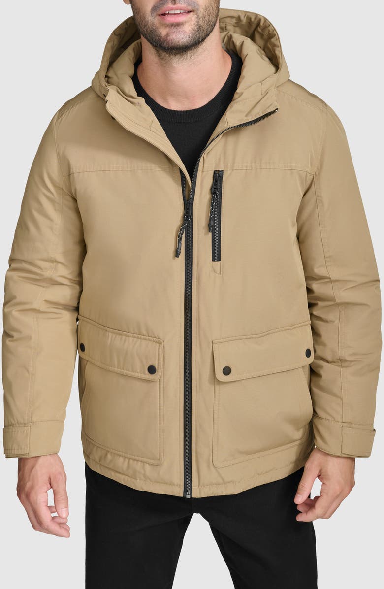 Cole Haan Down & Feather Fill Hooded Puffer Coat, Main, color, Camel