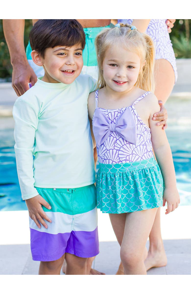 RuffleButts Toddler Girls UPF50+ Big Bow Skirted One Piece, Alternate, color, Magical Mermaid
