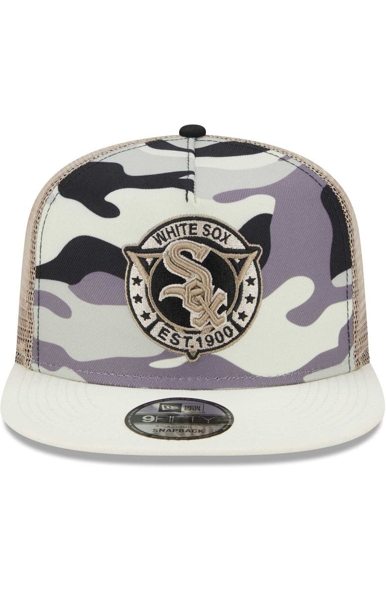 New Era Men's New Era White Chicago White Sox Chrome Camo A-Frame 9FIFTY Trucker Snapback Hat, Alternate, color, Cream