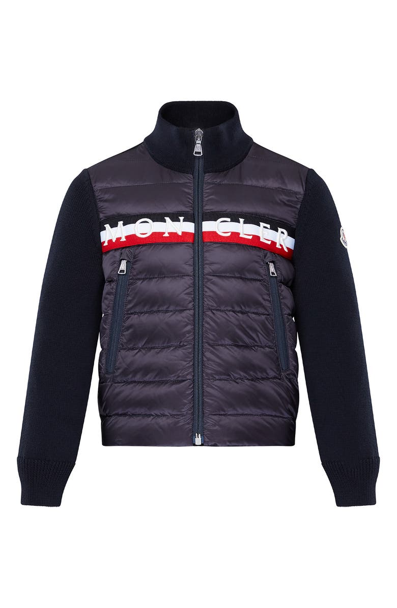 Moncler Kids' Stripe Logo Down Puffer Jacket with Knit Sleeves, Main, color,