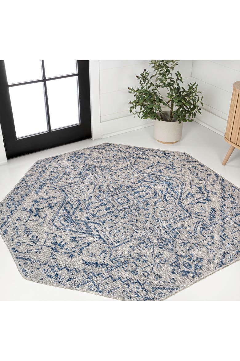 Estrella Bohemian Medallion Textured Weave Octagon Indoor/Outdoor Area Rug, Alternate, color, Navy/Gray