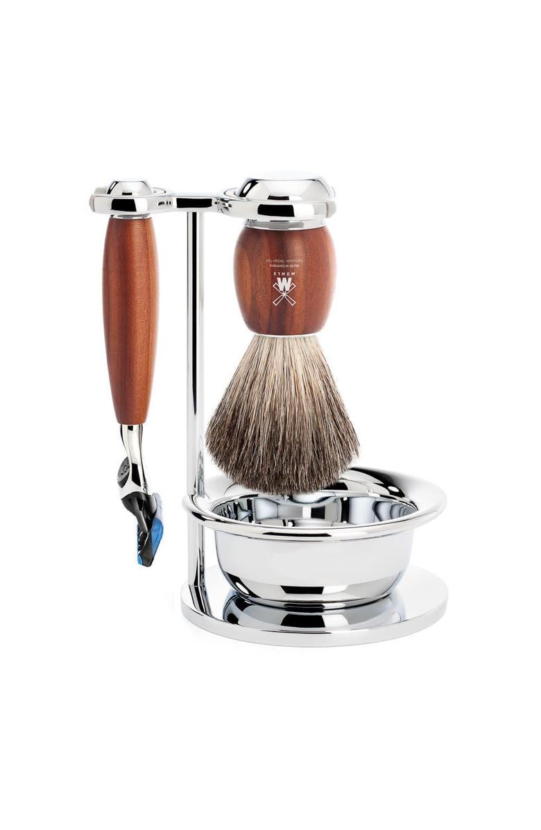 MÜHLE Vivo Plumwood 4-Piece Pure Badger & Fusion Shaving Set, Main, color, Plumwood