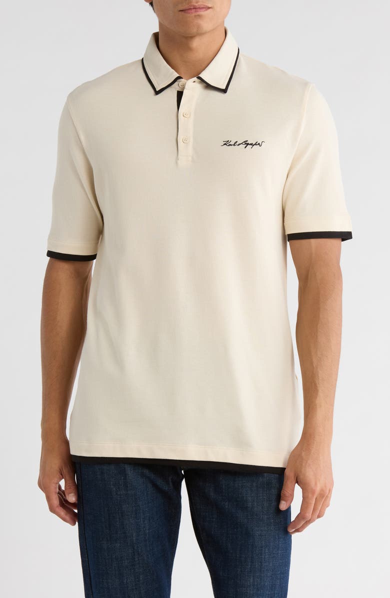 KARL LAGERFELD PARIS Chest Logo Stretch Cotton Polo, Main, color, Natural/ Black
