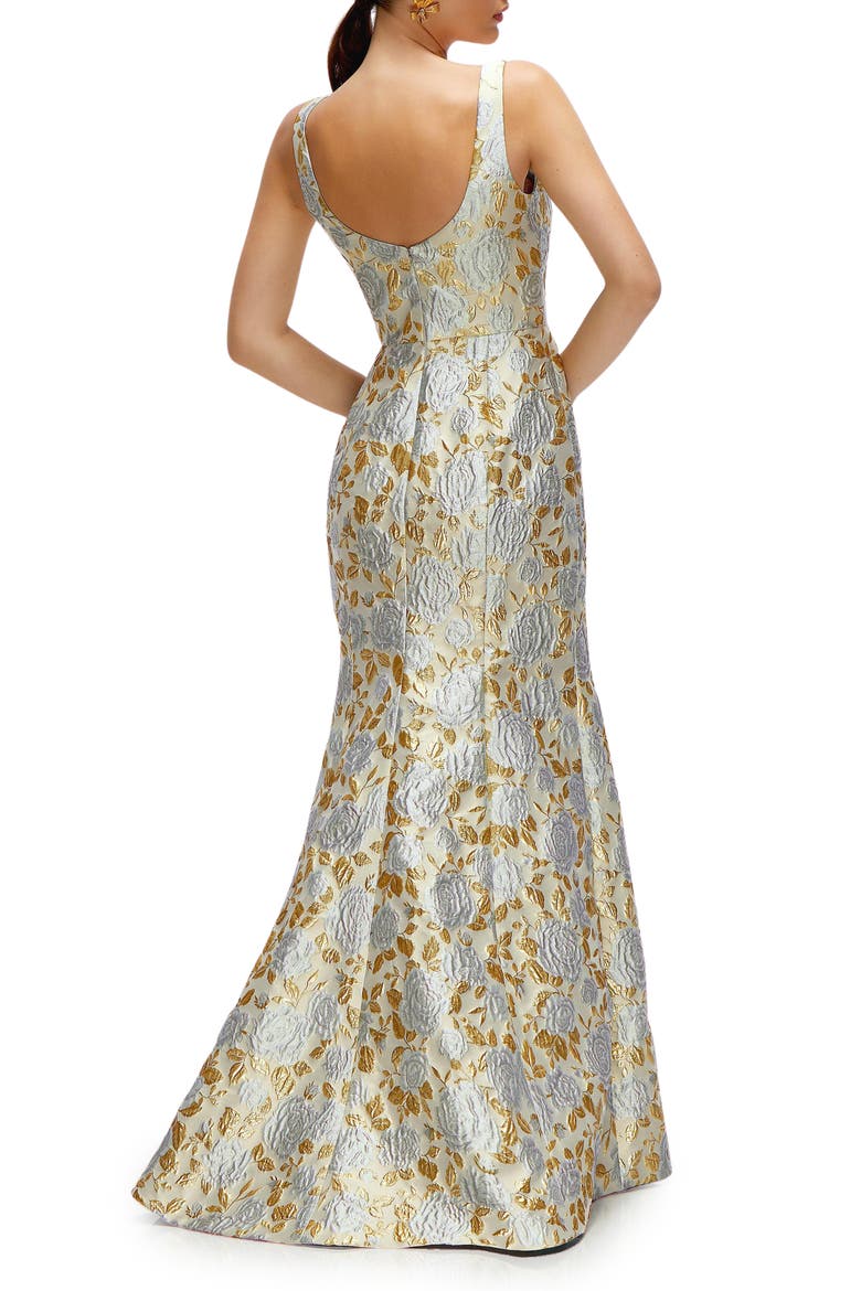Metallic Floral Brocade Trumpet Gown, Alternate, color, WINTER MIST