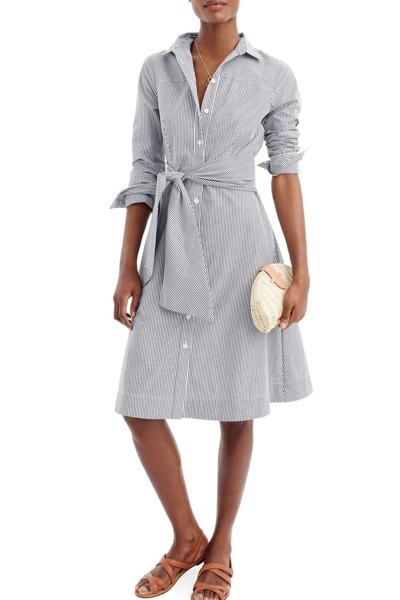 Stripe Tie-Waist Shirtdress, Main, color, WHITE NAVY