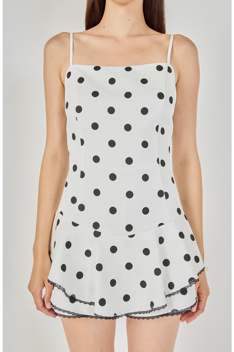Polka Dot Lace Trimmed Romper, Alternate, color, IVORY/BLACK