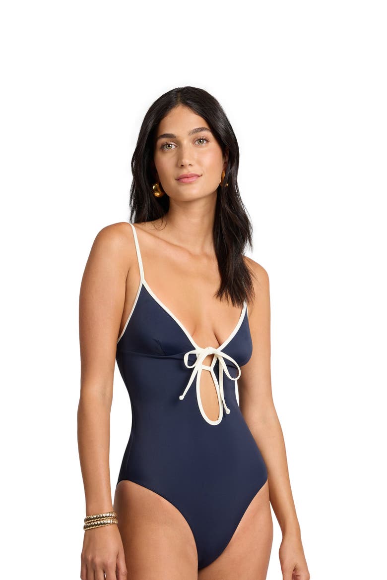 Soleil Tie Front One-Piece, Alternate, color, NOIR NAVY/EGRET
