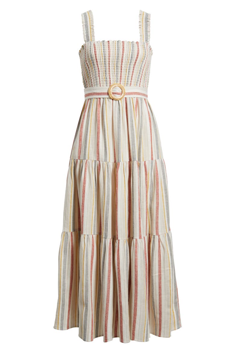Smocked Bodice Belted Tiered Midi Sundress, Alternate, color, EGRET MULTI