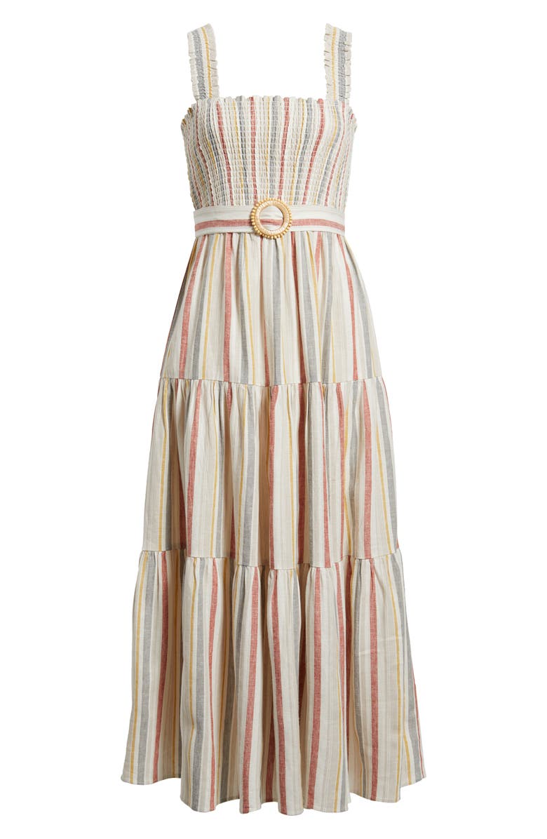 Anne Klein Smocked Bodice Belted Tiered Midi Sundress, Alternate, color,