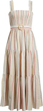Anne Klein Smocked Bodice Belted Tiered Midi Sundress