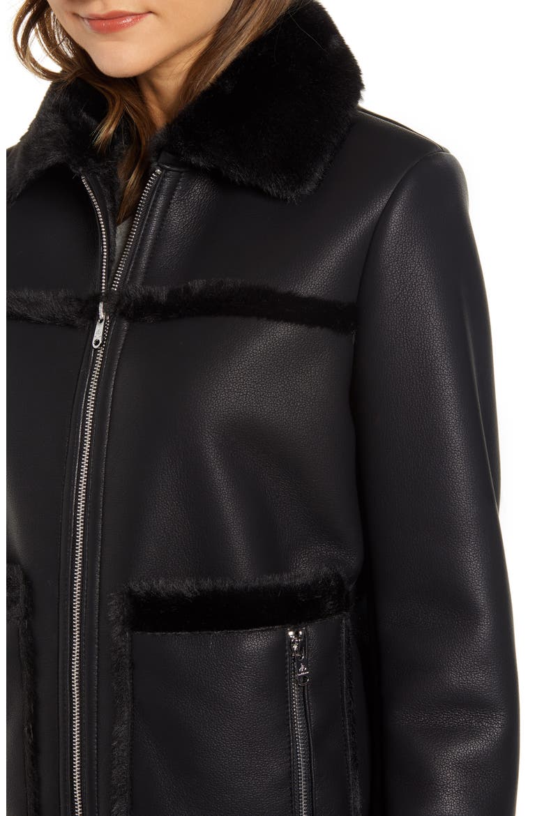 Faux Fur Trim Faux Leather Jacket, Alternate, color, BLACK
