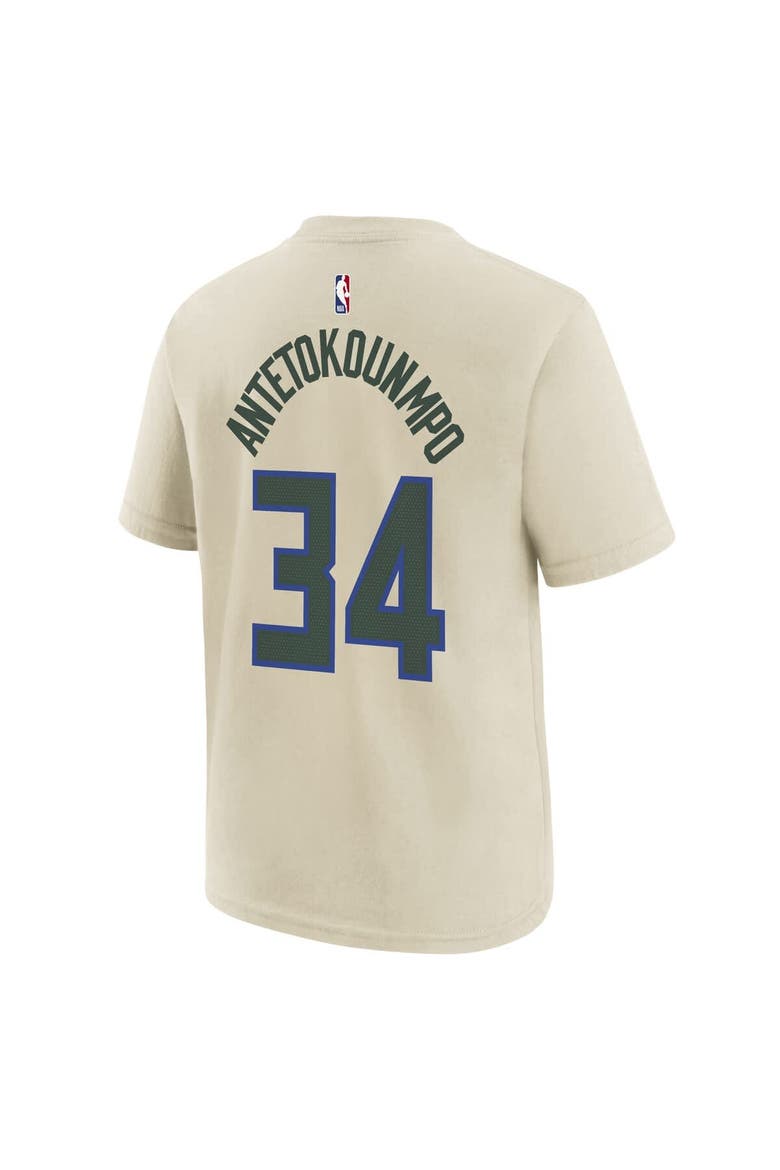 Youth Nike Giannis Antetokounmpo Cream Milwaukee Bucks 2025/26 City Edition Name & Number T-Shirt, Alternate, color, Cream