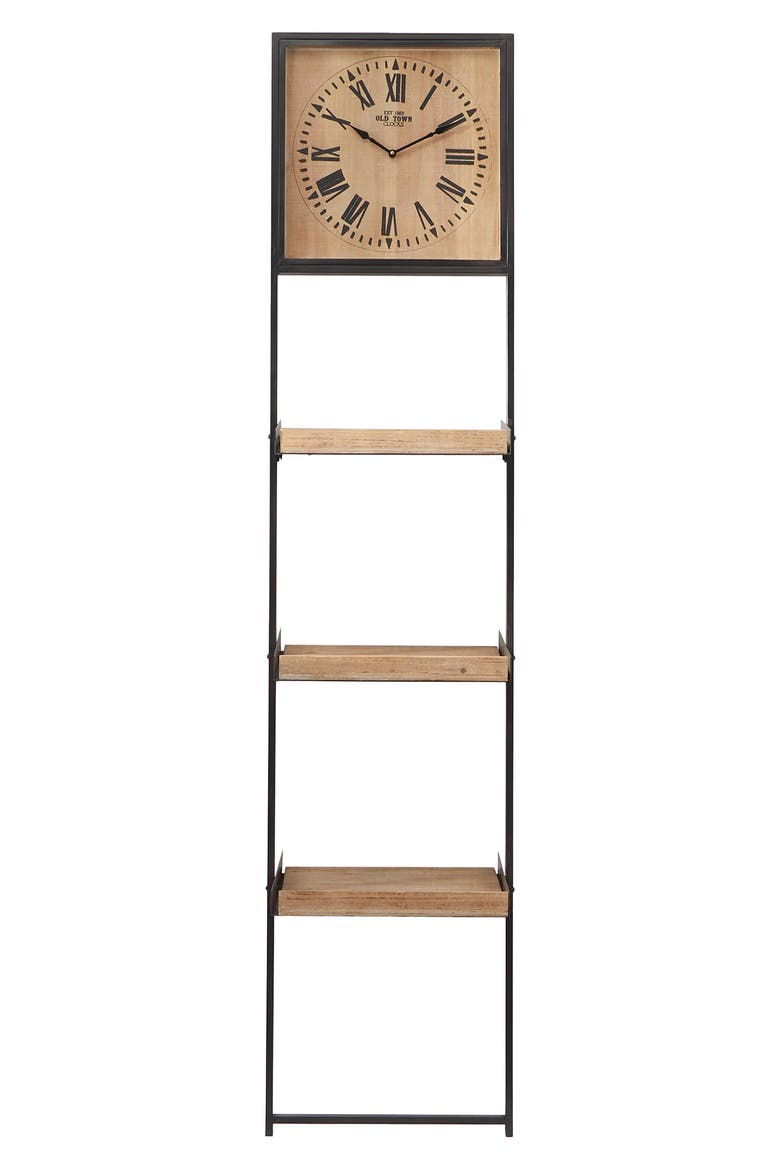 Brown Wood Traditional Wall Shelf with Clock, Alternate, color, BROWN
