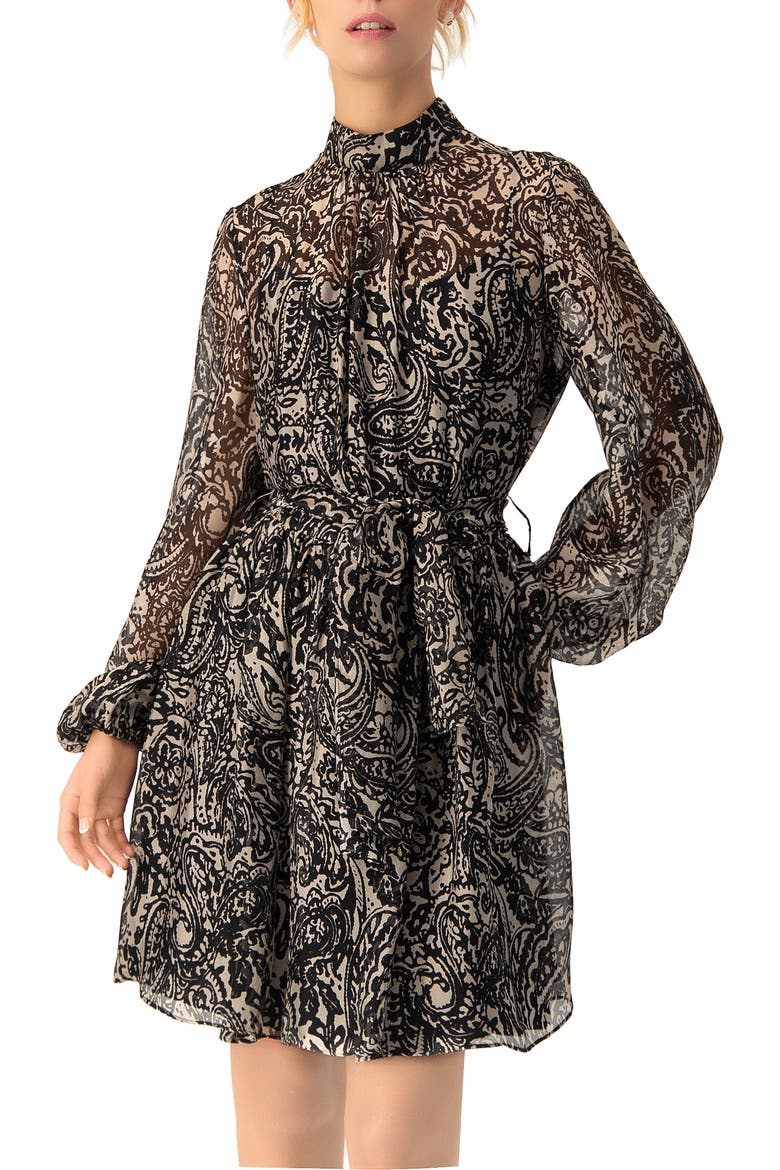 Paisley Printed Short Dress with Waist Tie, Main, color, Black