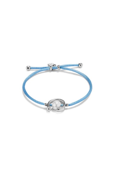 Blue Thread Bracelet with Pearl Shell Trimmings Plated in Sterling Silver