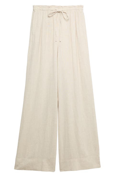 Linen Blend Wide Leg Drawstring Pants