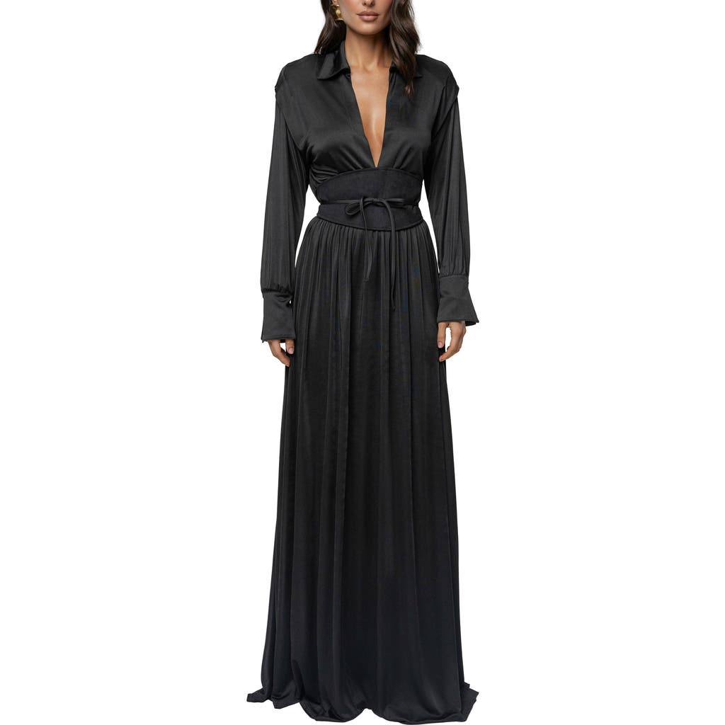Jluxlabel Collar Long Sleeve Satin Gown In Black