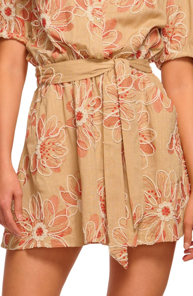 Ramy Brook Selby Belted Floral Embroidered Puff Sleeve Minidress, Alternate, color, Natural Fleur