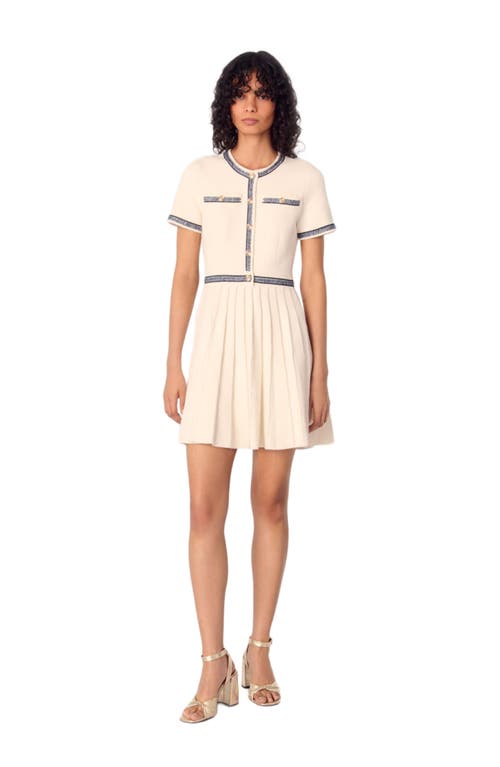 Maje Pleated Knit Short Dress In Ecru