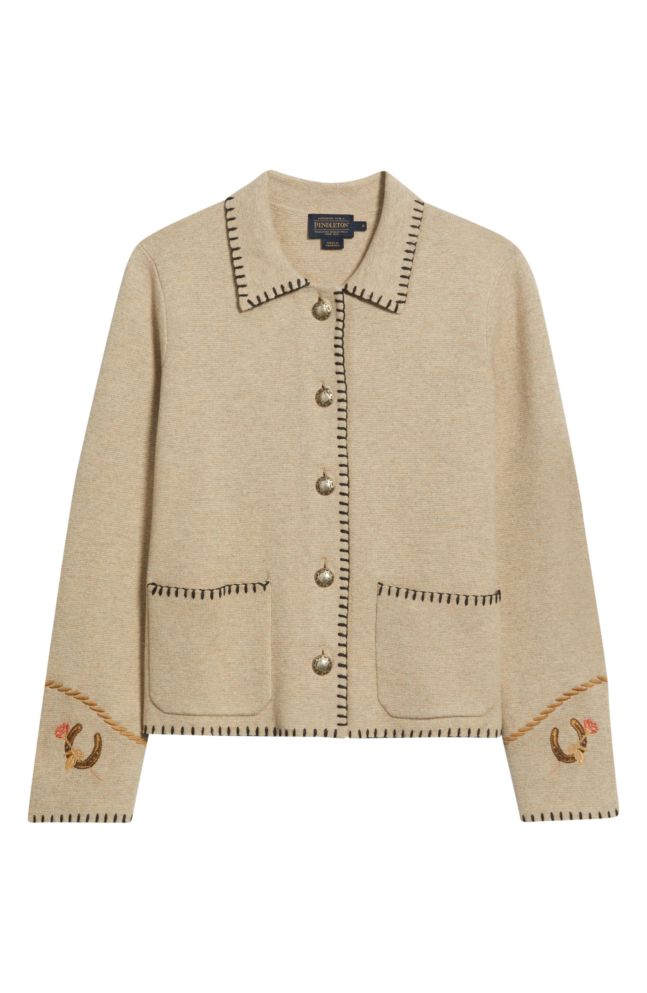 Pendleton Souvenir Blanket Stitch Cotton & Merino Wool Cardigan In Gray