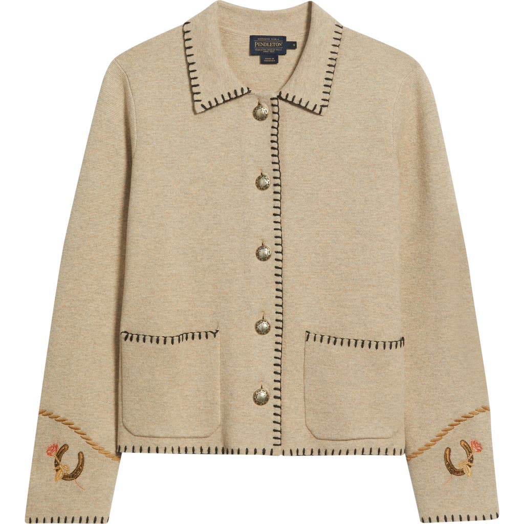 Pendleton Souvenir Blanket Stitch Cotton & Merino Wool Cardigan In Gray