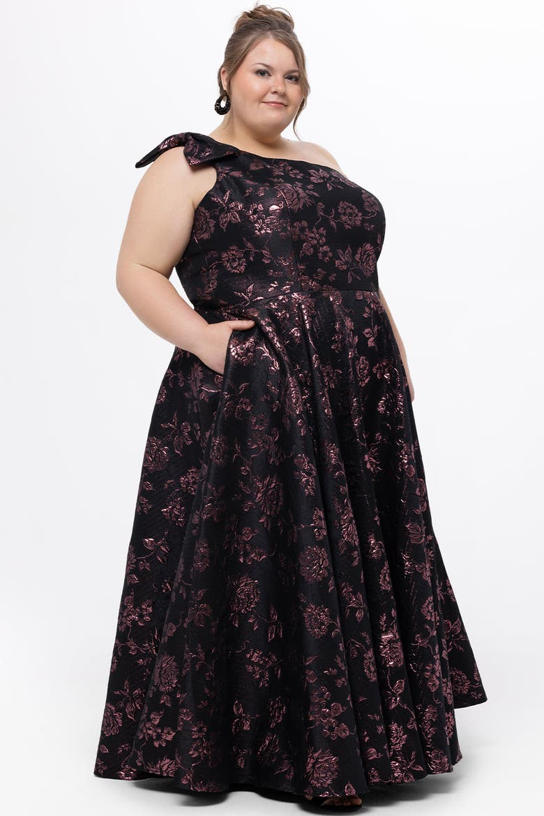 One Shoulder Brocade Plus Size Formal Dress with Bow, Alternate, color, Rose/Black