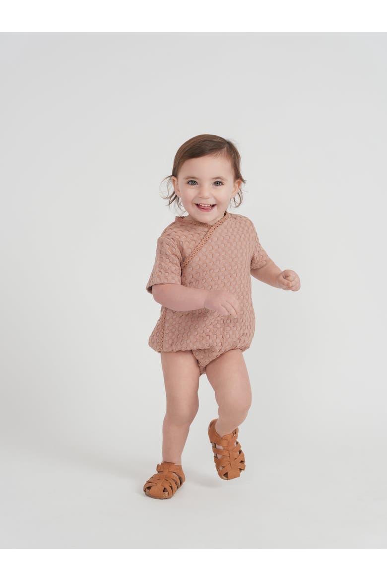 Textured Waffle Wrap Front Snap Closure Romper, Alternate, color, Cool Sky