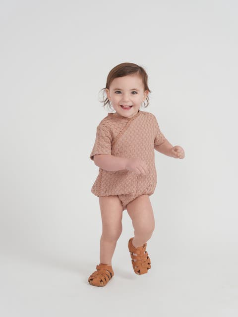 Textured Waffle Wrap Front Snap Closure Romper