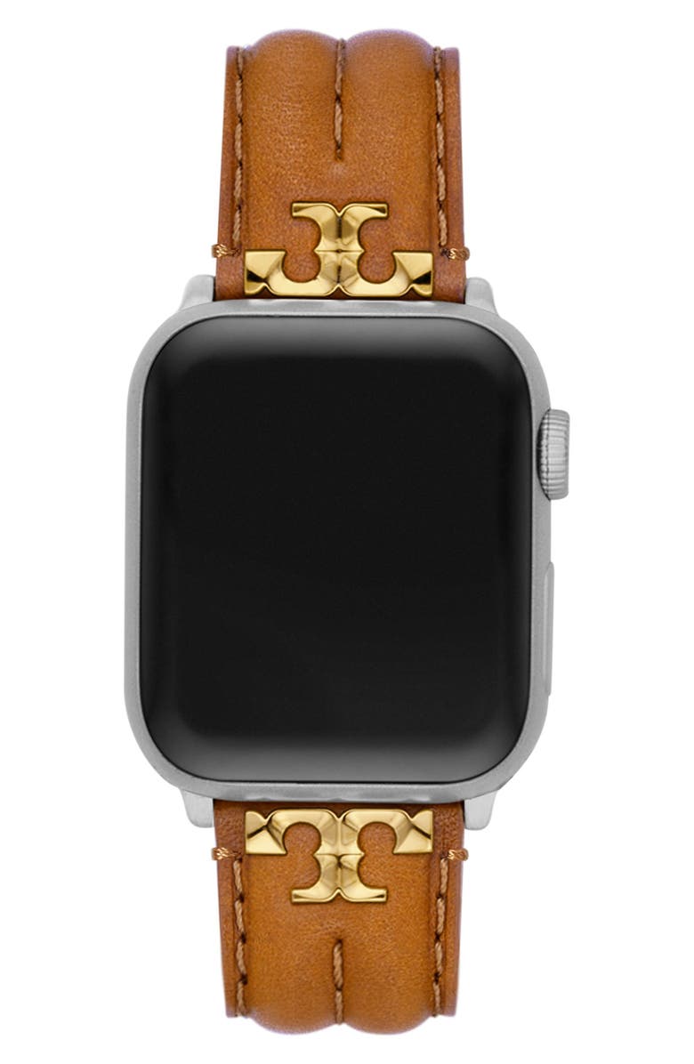 Tory Burch The Kira Leather 20mm Apple Watch<sup>®</sup> Watchband, Alternate, color, Brown