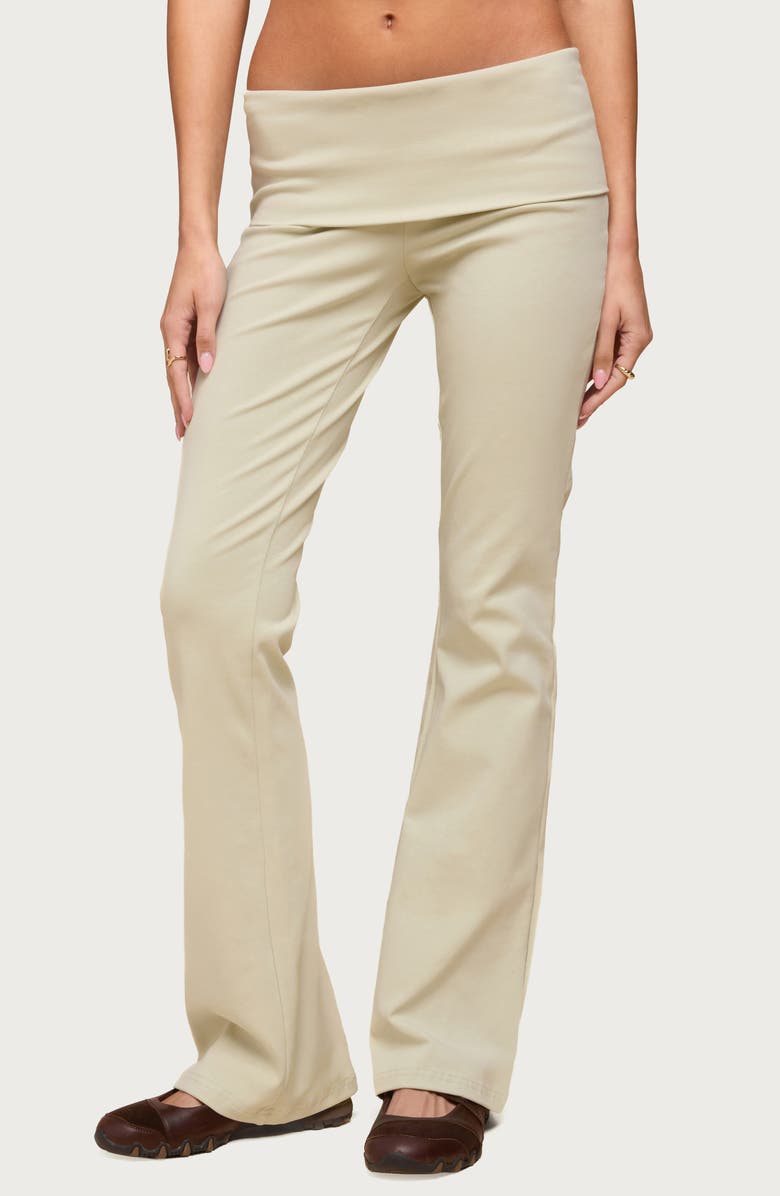 EDIKTED Ivanne Foldover Stretch Cotton Flare Pants, Main, color, Sage