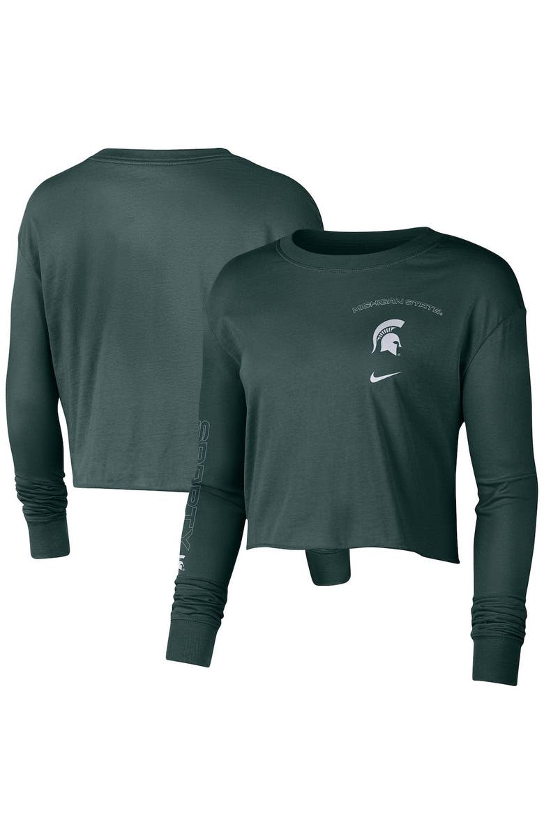 Nike Women's Nike Hunter Green Michigan State Spartans 2-Hit Cropped Long Sleeve T-Shirt, Main, color, 