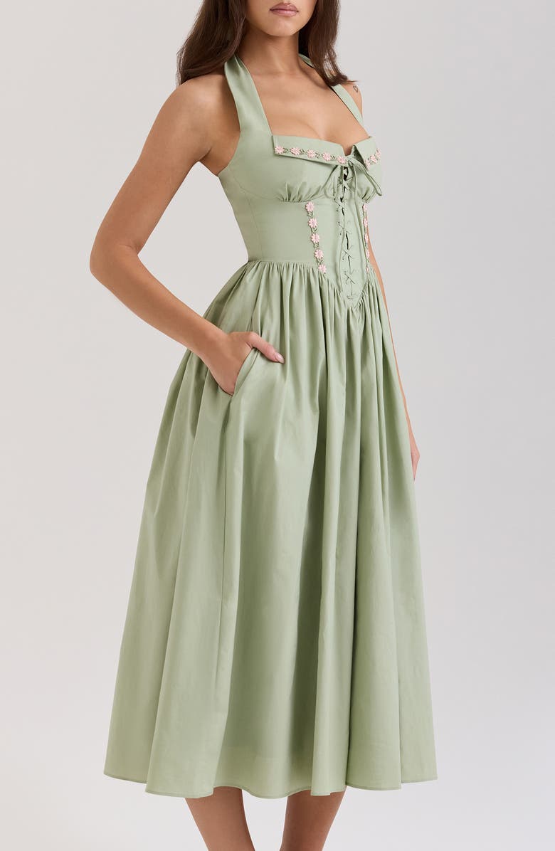 HOUSE OF CB Emilia Corset Halter Midi Dress, Alternate, color, Reseda