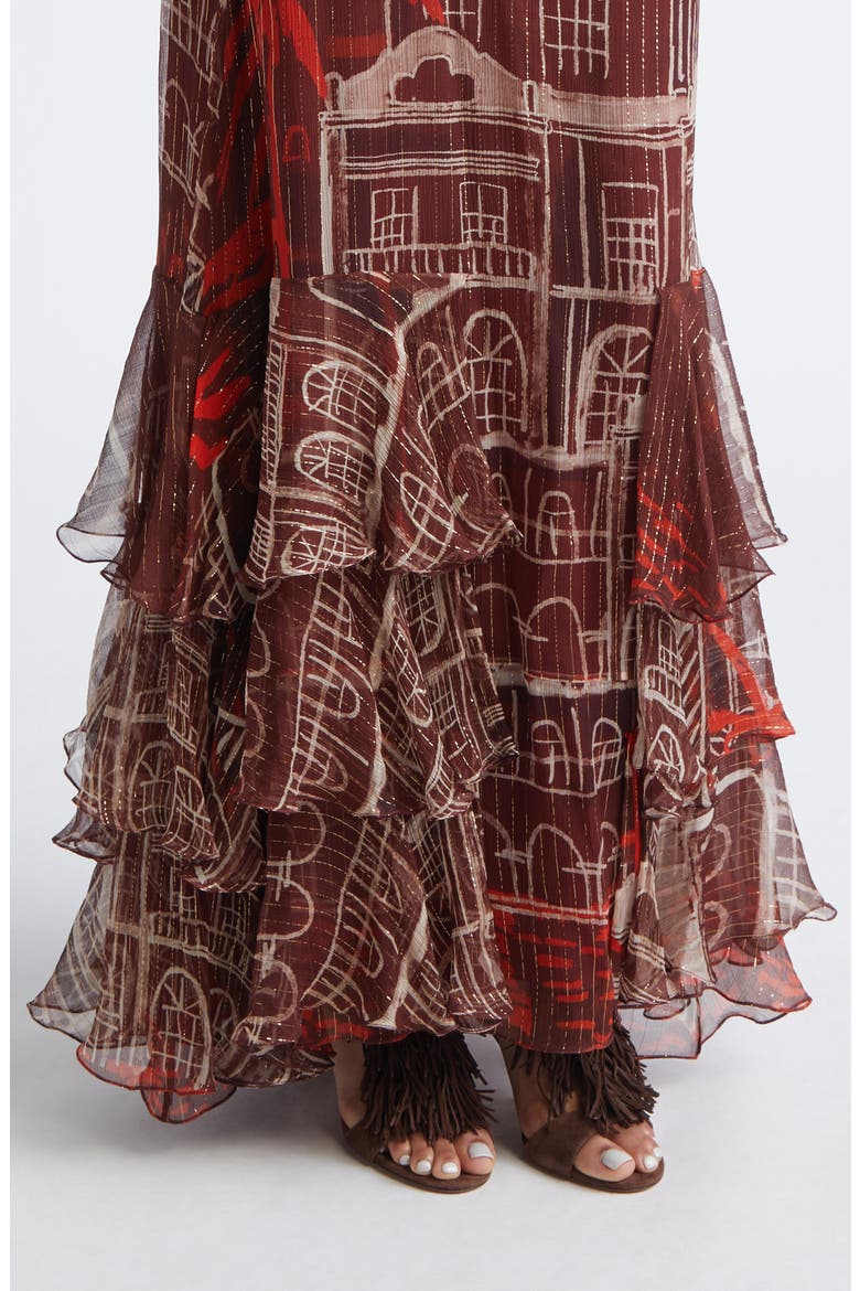 Pasos Nocturnos Print Tiered Metallic Crepe Maxi Dress, Alternate, color, WINE / RED