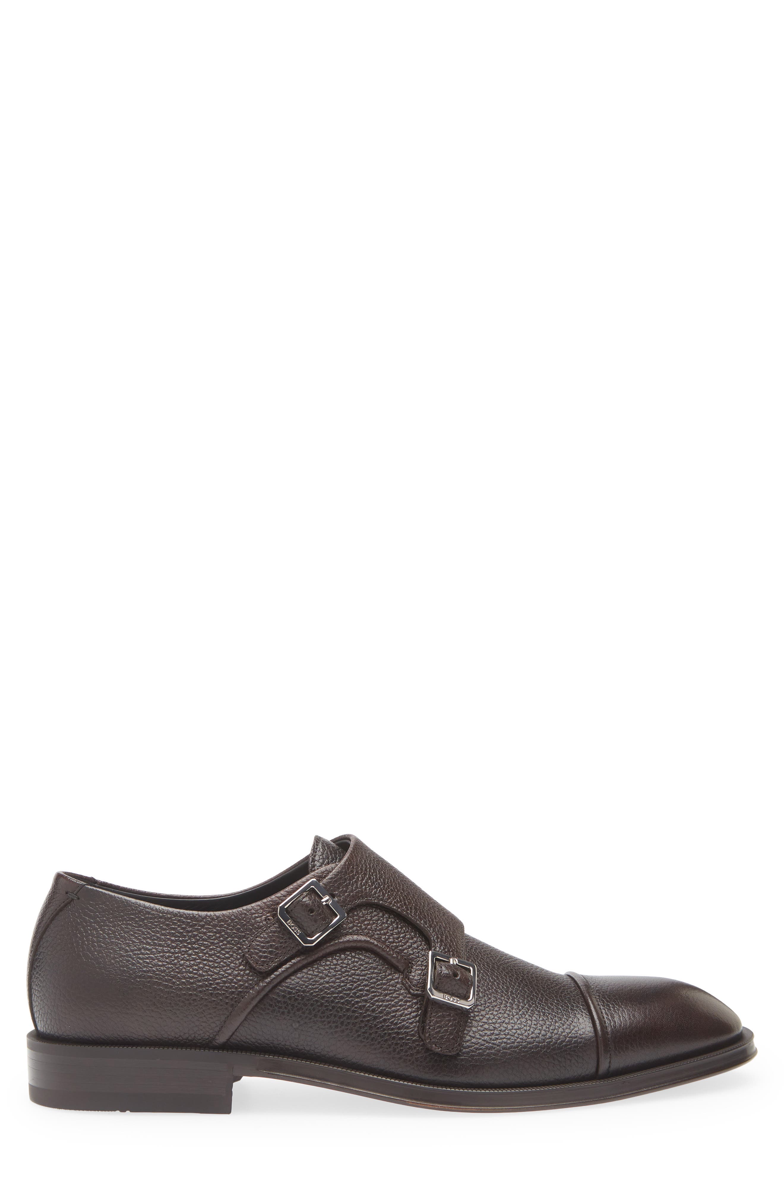 BOSS Derrek Cap Toe Two Buckle Monk Shoe, Alternate, color, Dark Brown Pebbled