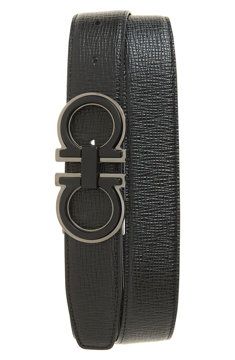 FERRAGAMO Double Gancio Saffiano Leather Belt, Main, color, Nero Midnight