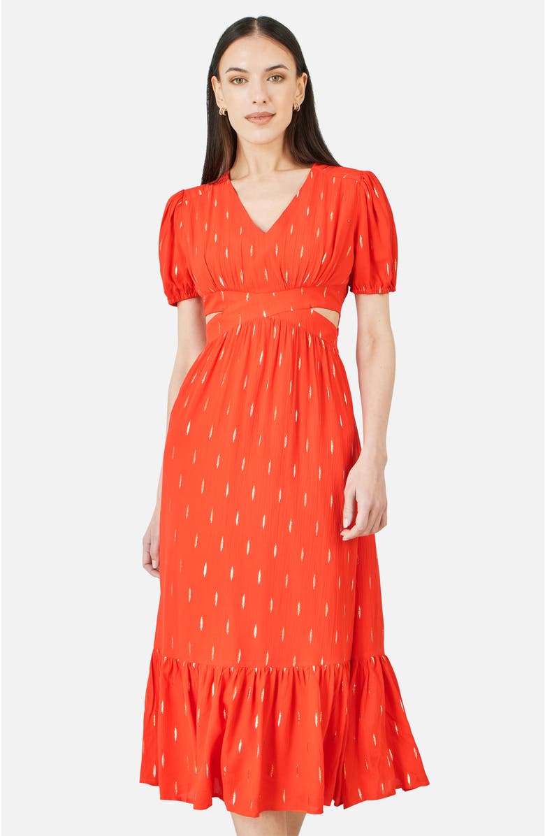 Yumi Foil Print Viscose Cut Out Midi Dress, Alternate, color, Orange