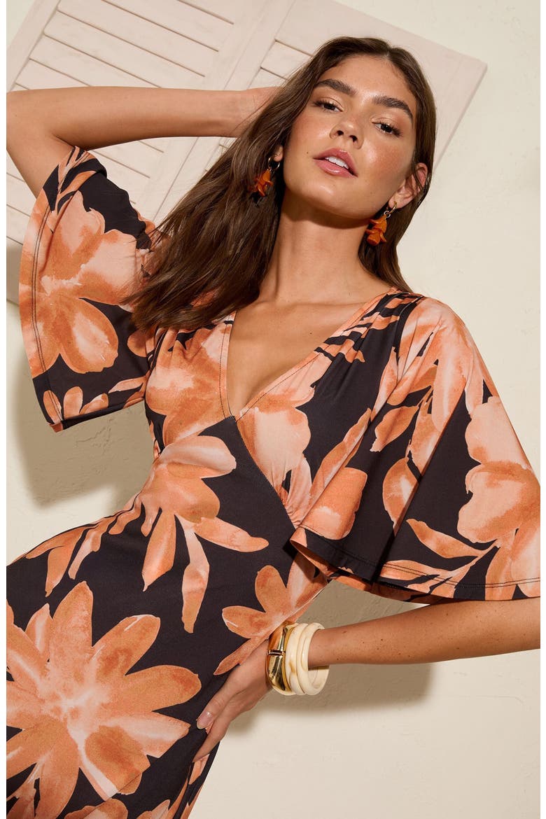 Floral Flutter Sleeve Midi Dress, Alternate, color, BLACK