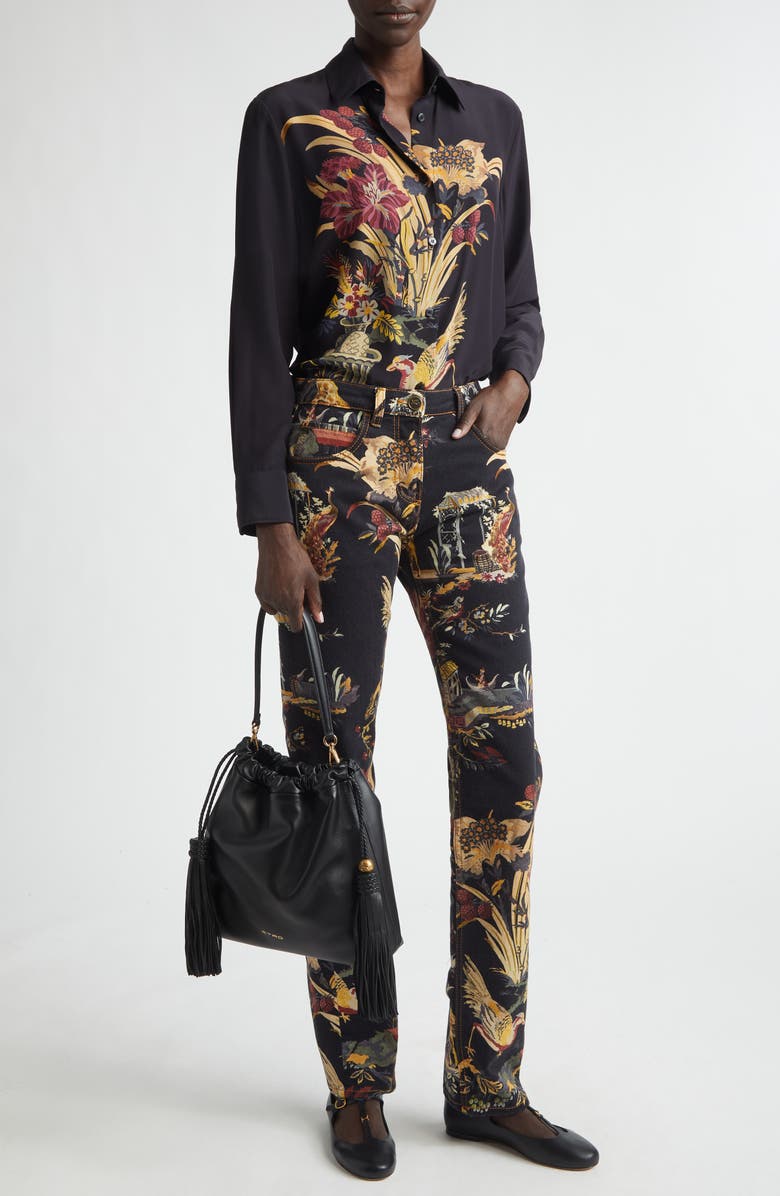 Etro Floral Silk Button-Up Shirt, Alternate, color, Black