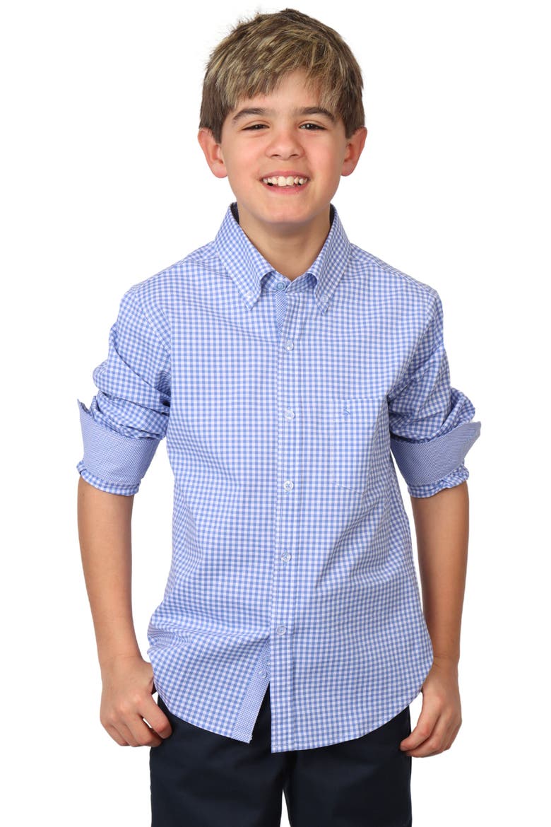 Kids' Micro Gingham Stretch Cotton Button-Up Shirt, Alternate, color, LIGHT BLUE