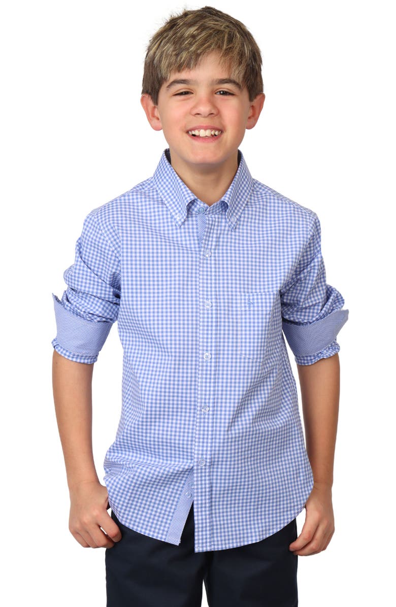 TailorByrd Kids' Micro Gingham Stretch Cotton Button-Up Shirt, Alternate, color, Light Blue