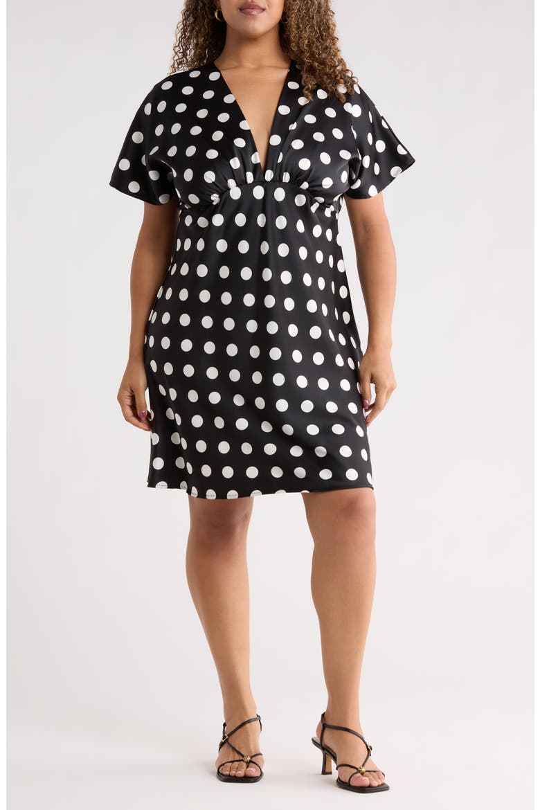 Deep V-Neck Polka Dot Dress, Main, color, BLACK