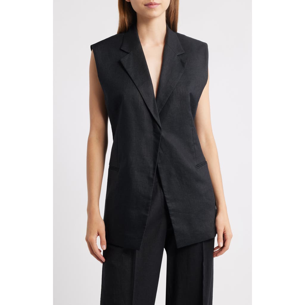 Mango Long Linen Vest In Black