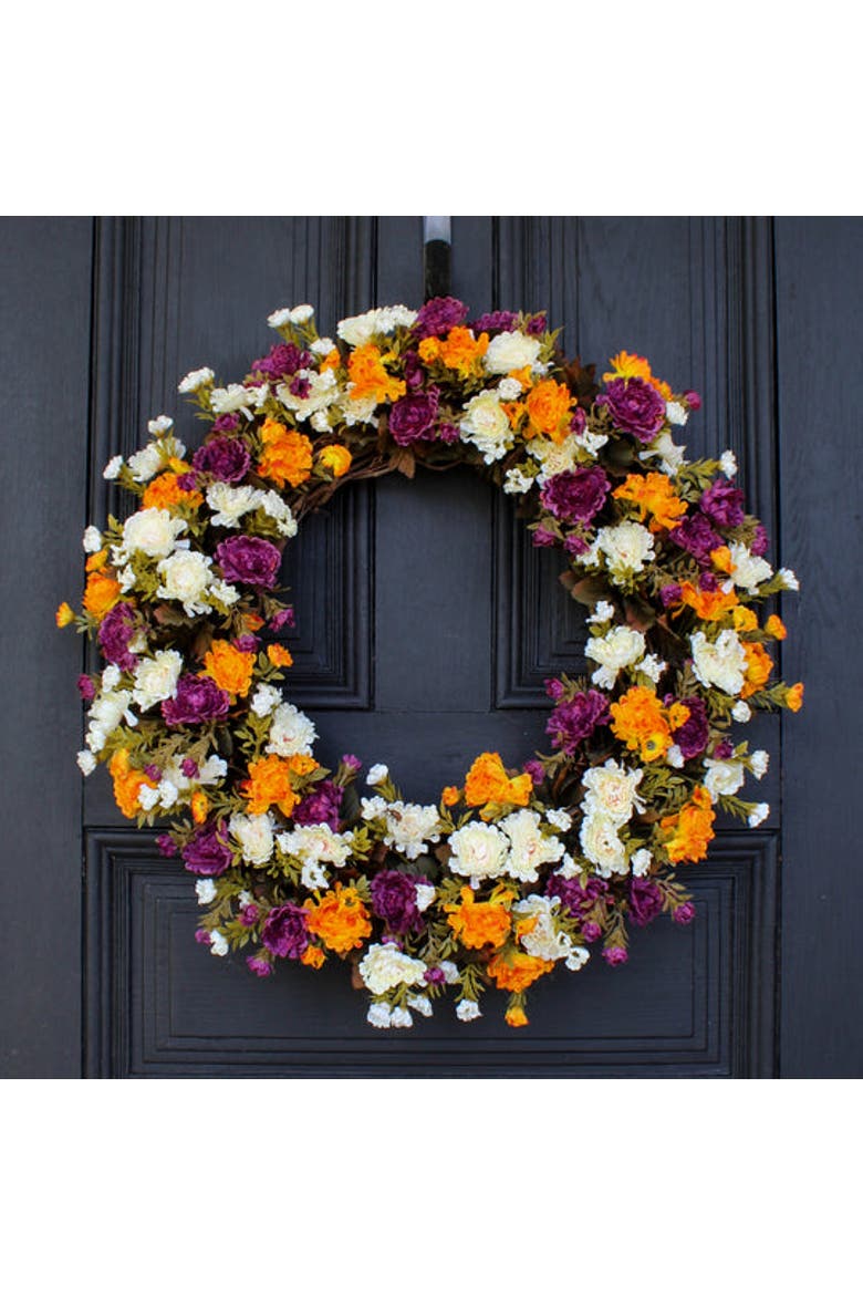 Mini Mum Gold, Purple, and Ivory Front Door Fall Floral Autumn Wreath, Alternate, color, Purple
