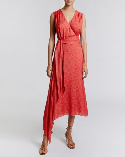 Santorelli Fara Geometric-print Faux-wrap Midi Dress In Vermilion