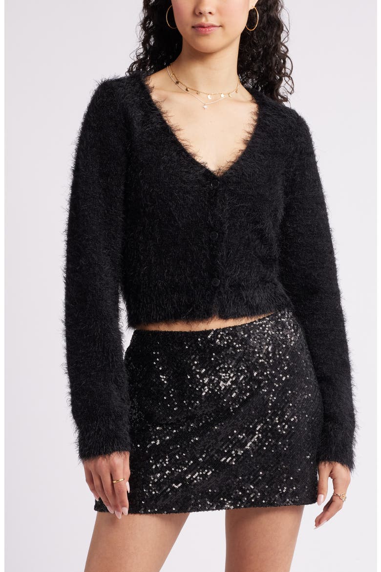 Eyelash V-Neck Crop Cardigan, Main, color, BLACK